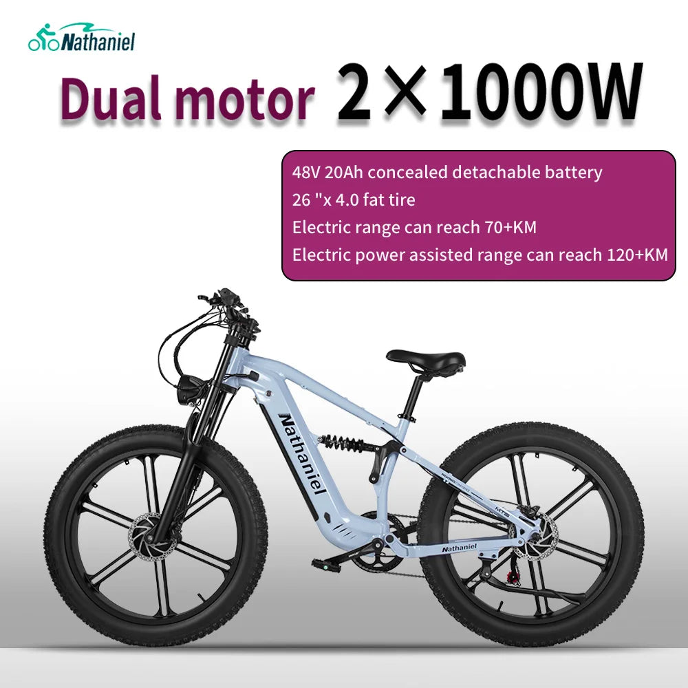 Nathaniel SYR09 Electric Bike 2000W Dual Motor,26*4.0 Fat Tire Integrated Wheel,48V20Ah,55KM/H,All-Terrain Outdoor Sports E-bike