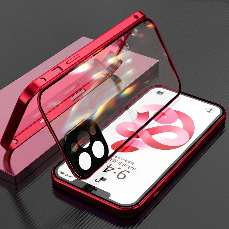 Double Sided Magnetic 360° Protection Glass Case For iPhone 17 16E 16 15 14 Plus 13 12 Mini 11 Pro Max Lens Protector Metal Case