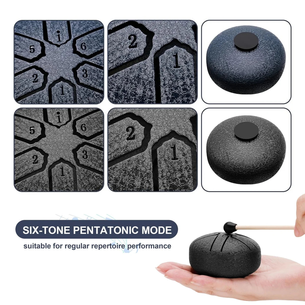 Steel Tongue Drum Rain Chime – 3 Inch 6 Notes Outdoor Hand Drums (Black, Dark Blue) | for Education, Meditation & Yoga