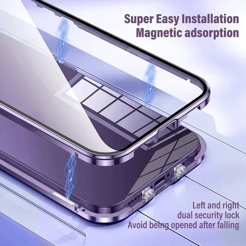 Double Sided Magnetic 360° Protection Glass Case For iPhone 17 16E 16 15 14 Plus 13 12 Mini 11 Pro Max Lens Protector Metal Case