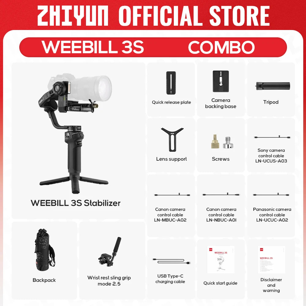 ZHIYUN Official Weebill 3S Camera Gimbal Stabilizer 3-Axis Handheld for DSLR Mirrorless Cameras for Sony Canon Panasonic Nikon