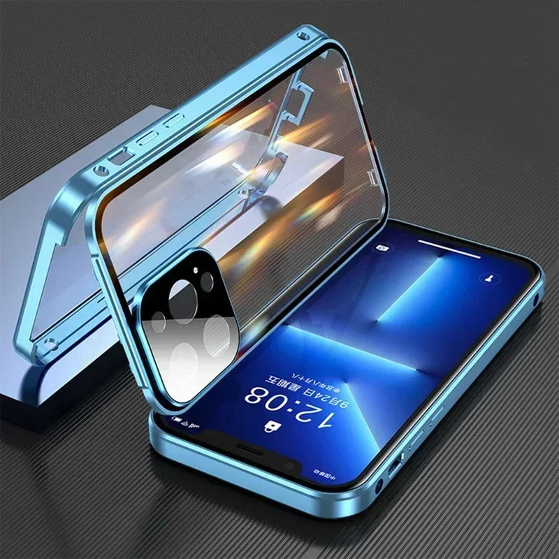 Double Sided Magnetic 360° Protection Glass Case For iPhone 17 16E 16 15 14 Plus 13 12 Mini 11 Pro Max Lens Protector Metal Case