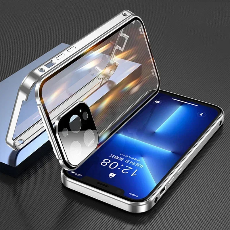 Double Sided Magnetic 360° Protection Glass Case For iPhone 17 16E 16 15 14 Plus 13 12 Mini 11 Pro Max Lens Protector Metal Case