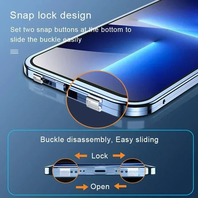 Double Sided Magnetic 360° Protection Glass Case For iPhone 17 16E 16 15 14 Plus 13 12 Mini 11 Pro Max Lens Protector Metal Case