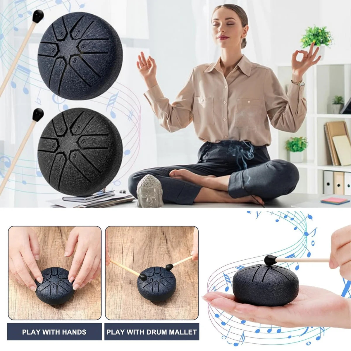 Steel Tongue Drum Rain Chime – 3 Inch 6 Notes Outdoor Hand Drums (Black, Dark Blue) | for Education, Meditation & Yoga