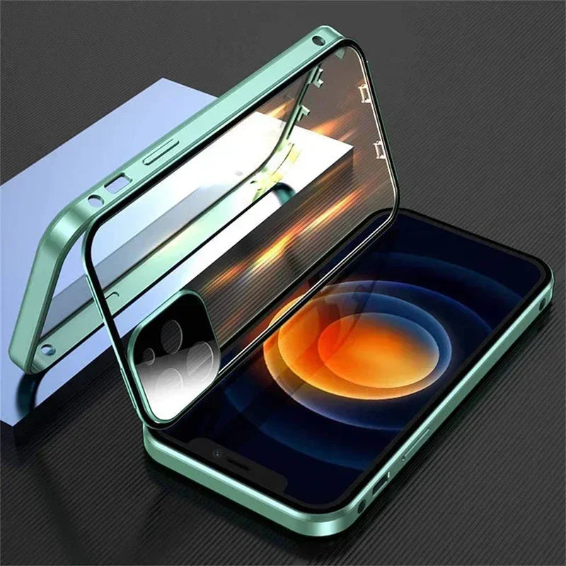 Double Sided Magnetic 360° Protection Glass Case For iPhone 17 16E 16 15 14 Plus 13 12 Mini 11 Pro Max Lens Protector Metal Case